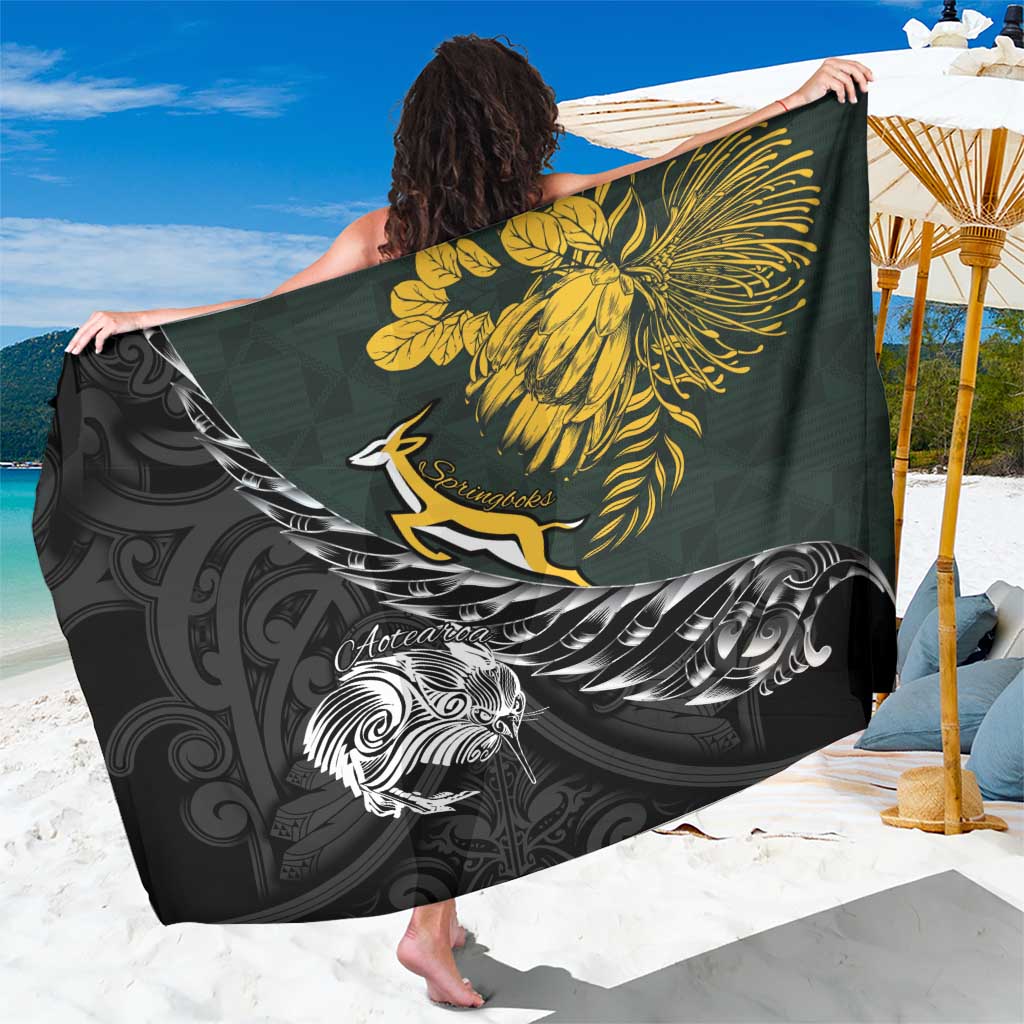 New Zealand and South Africa Rugby Sarong Maori Kiwi With Springboks LT15 One Size 44 x 66 inches Black - Polynesian Pride