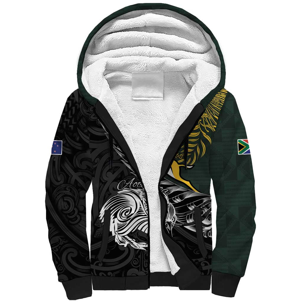 New Zealand and South Africa Rugby Personalised Sherpa Hoodie Maori Kiwi With Springboks LT15 Unisex Black - Polynesian Pride