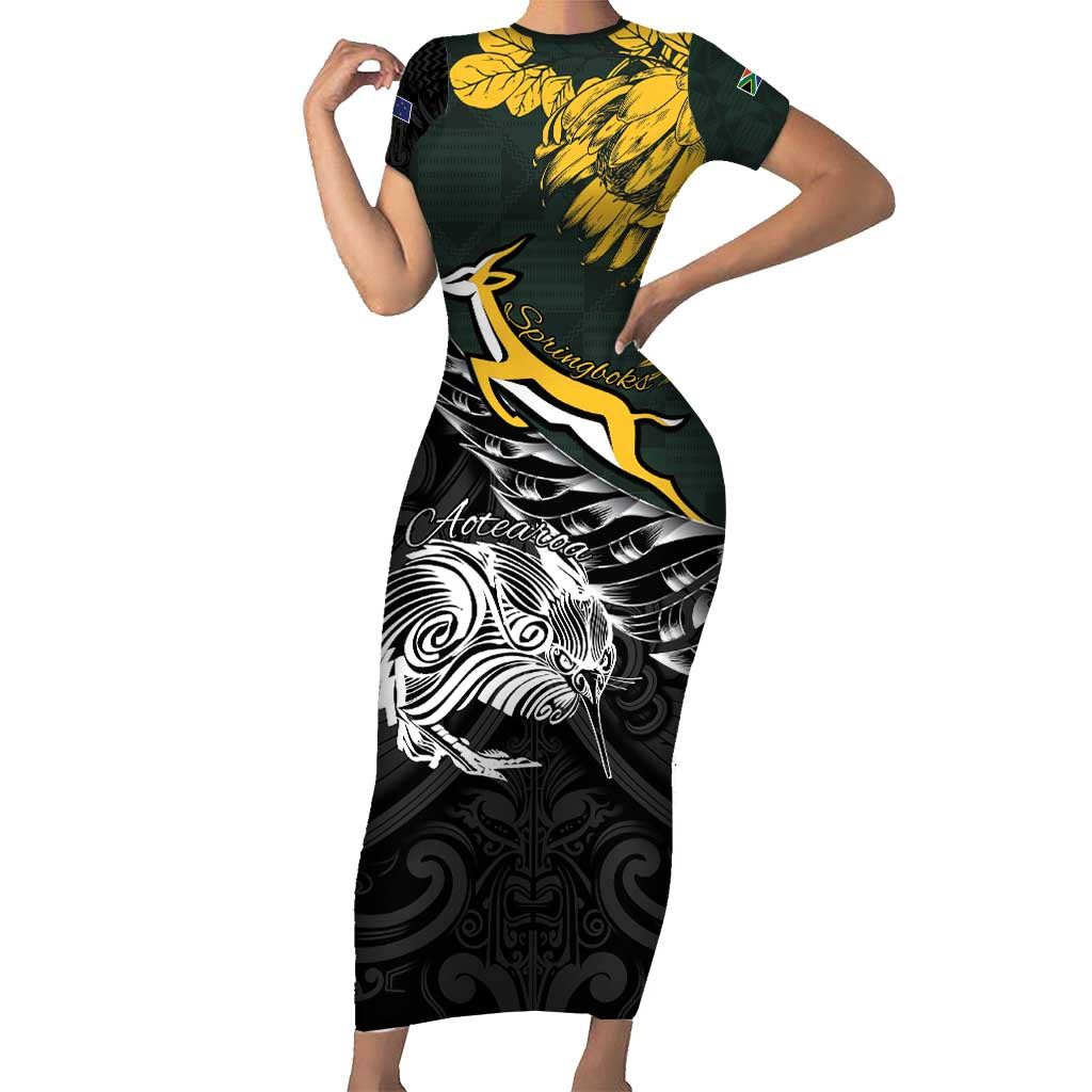 New Zealand and South Africa Rugby Personalised Short Sleeve Bodycon Dress Maori Kiwi With Springboks LT15 Long Dress Black - Polynesian Pride
