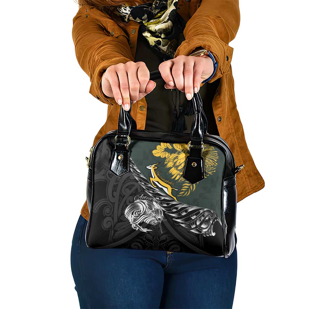 New Zealand and South Africa Rugby Shoulder Handbag Maori Kiwi With Springboks LT15 One Size Black - Polynesian Pride