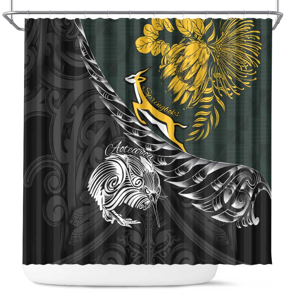 New Zealand and South Africa Rugby Shower Curtain Maori Kiwi With Springboks LT15 Black - Polynesian Pride