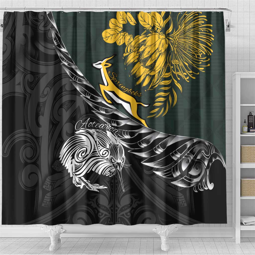 New Zealand and South Africa Rugby Shower Curtain Maori Kiwi With Springboks LT15 - Polynesian Pride