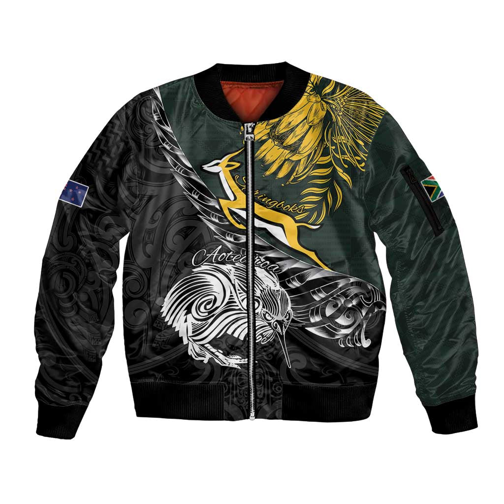 New Zealand and South Africa Rugby Personalised Sleeve Zip Bomber Jacket Maori Kiwi With Springboks LT15 Unisex Black - Polynesian Pride