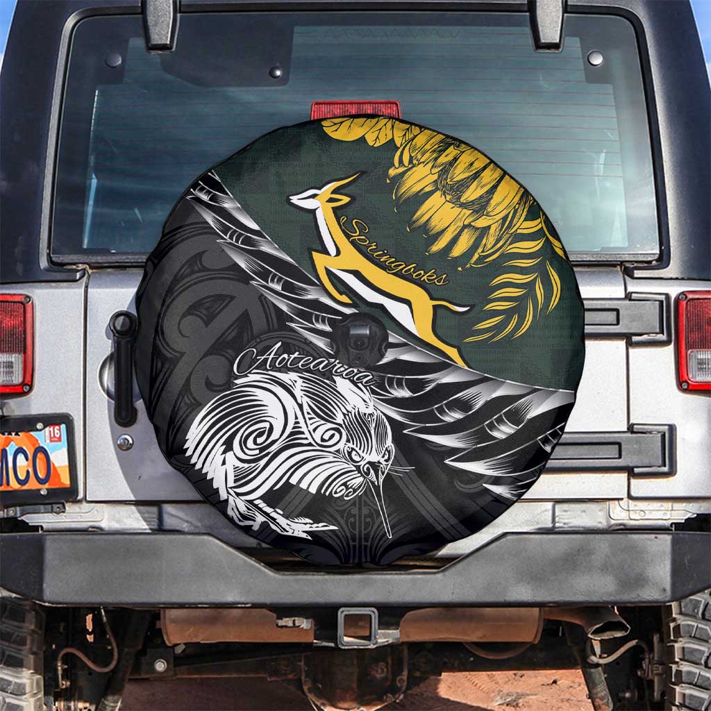 New Zealand and South Africa Rugby Spare Tire Cover Maori Kiwi With Springboks LT15 Black - Polynesian Pride
