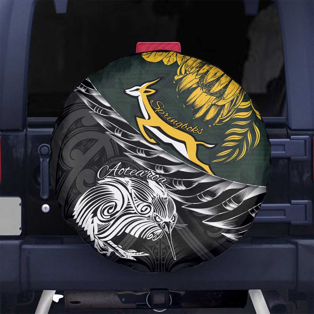 New Zealand and South Africa Rugby Spare Tire Cover Maori Kiwi With Springboks LT15 No hole Black - Polynesian Pride