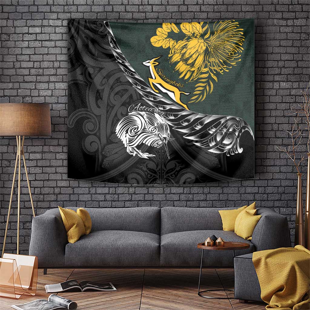 New Zealand and South Africa Rugby Tapestry Maori Kiwi With Springboks LT15 Black - Polynesian Pride