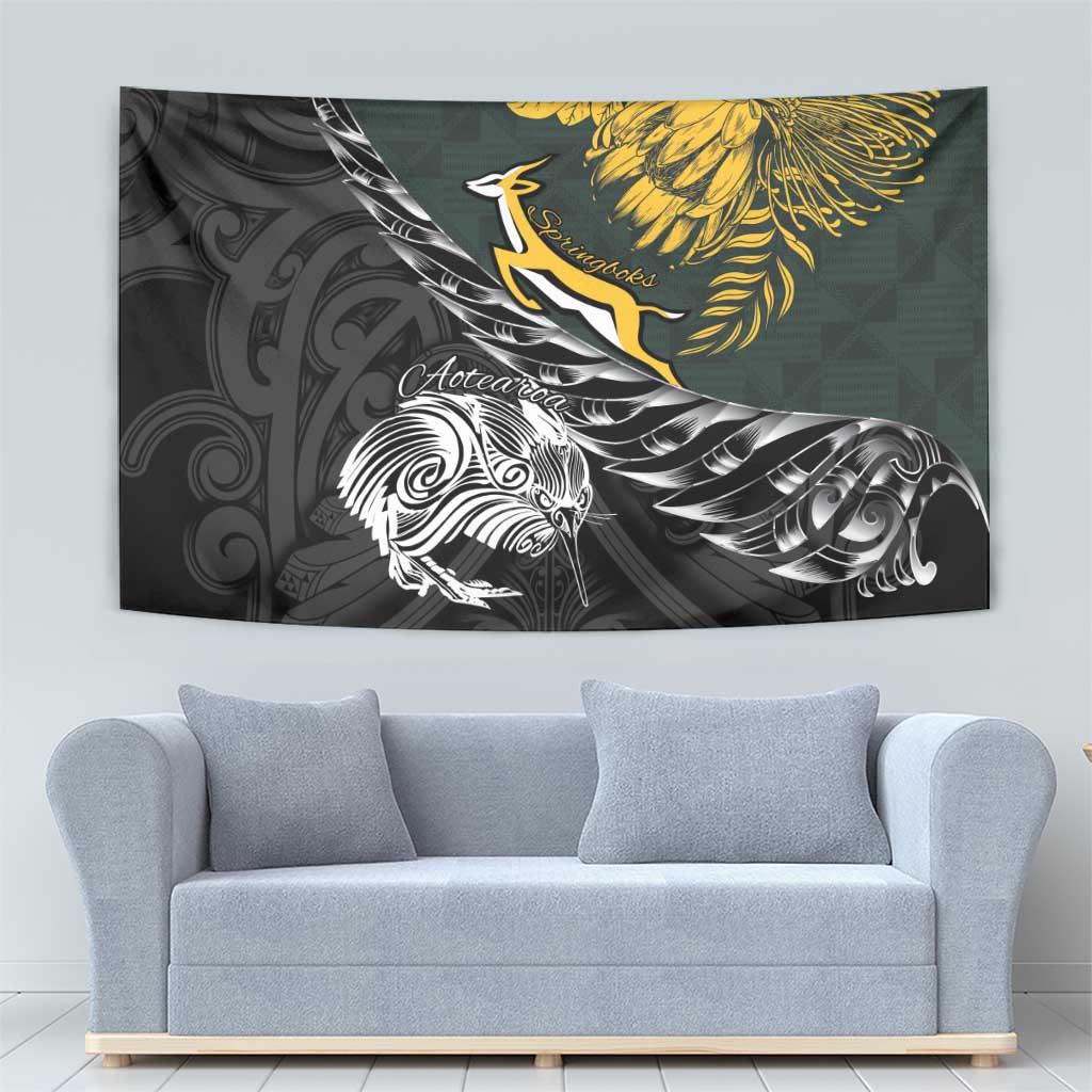 New Zealand and South Africa Rugby Tapestry Maori Kiwi With Springboks LT15 - Polynesian Pride