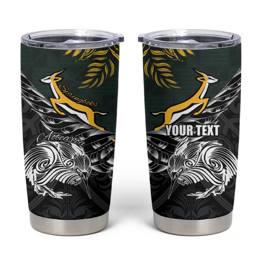 New Zealand and South Africa Rugby Personalised Tumbler Cup Maori Kiwi With Springboks LT15 Black - Polynesian Pride