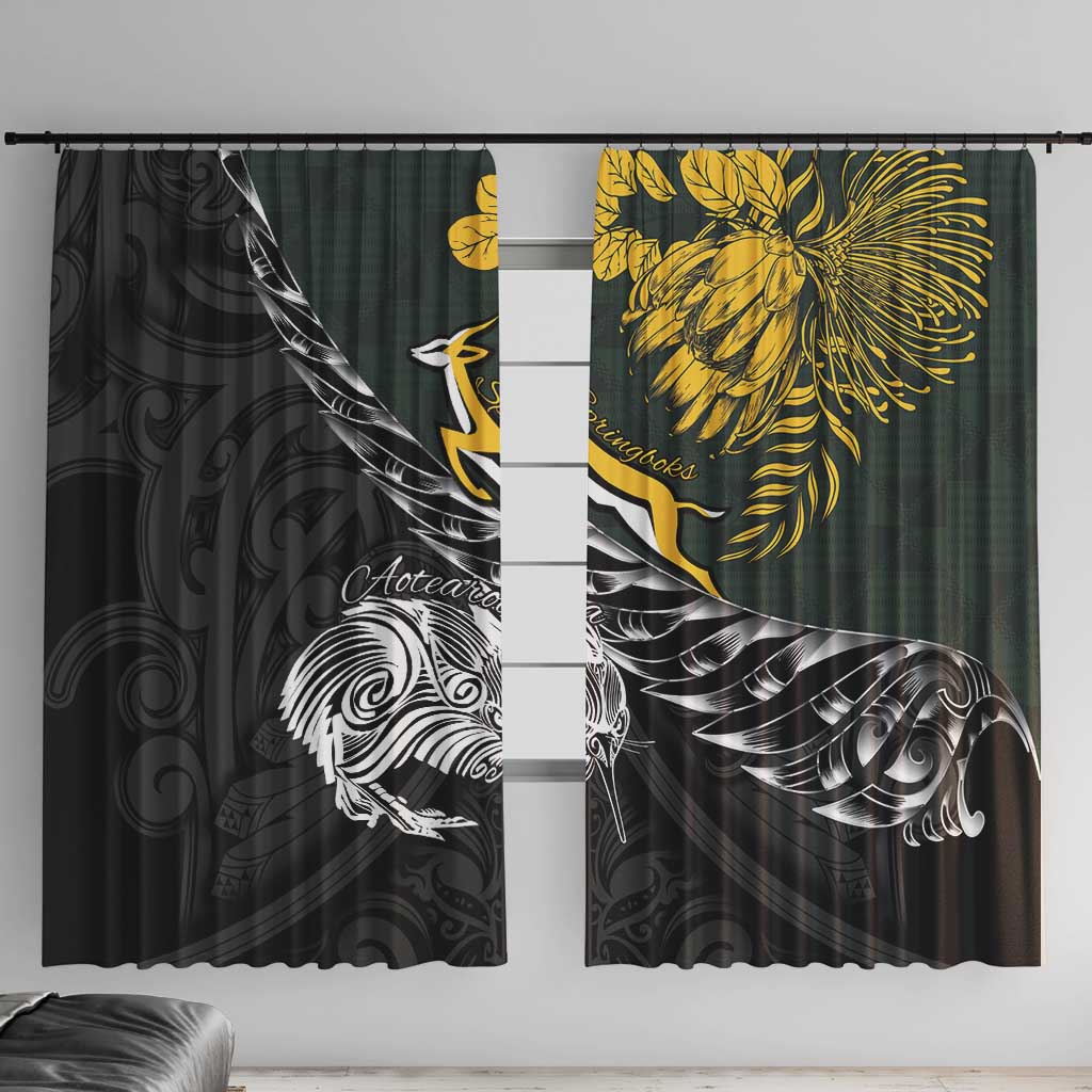New Zealand and South Africa Rugby Window Curtain Maori Kiwi With Springboks LT15 With Hooks Black - Polynesian Pride