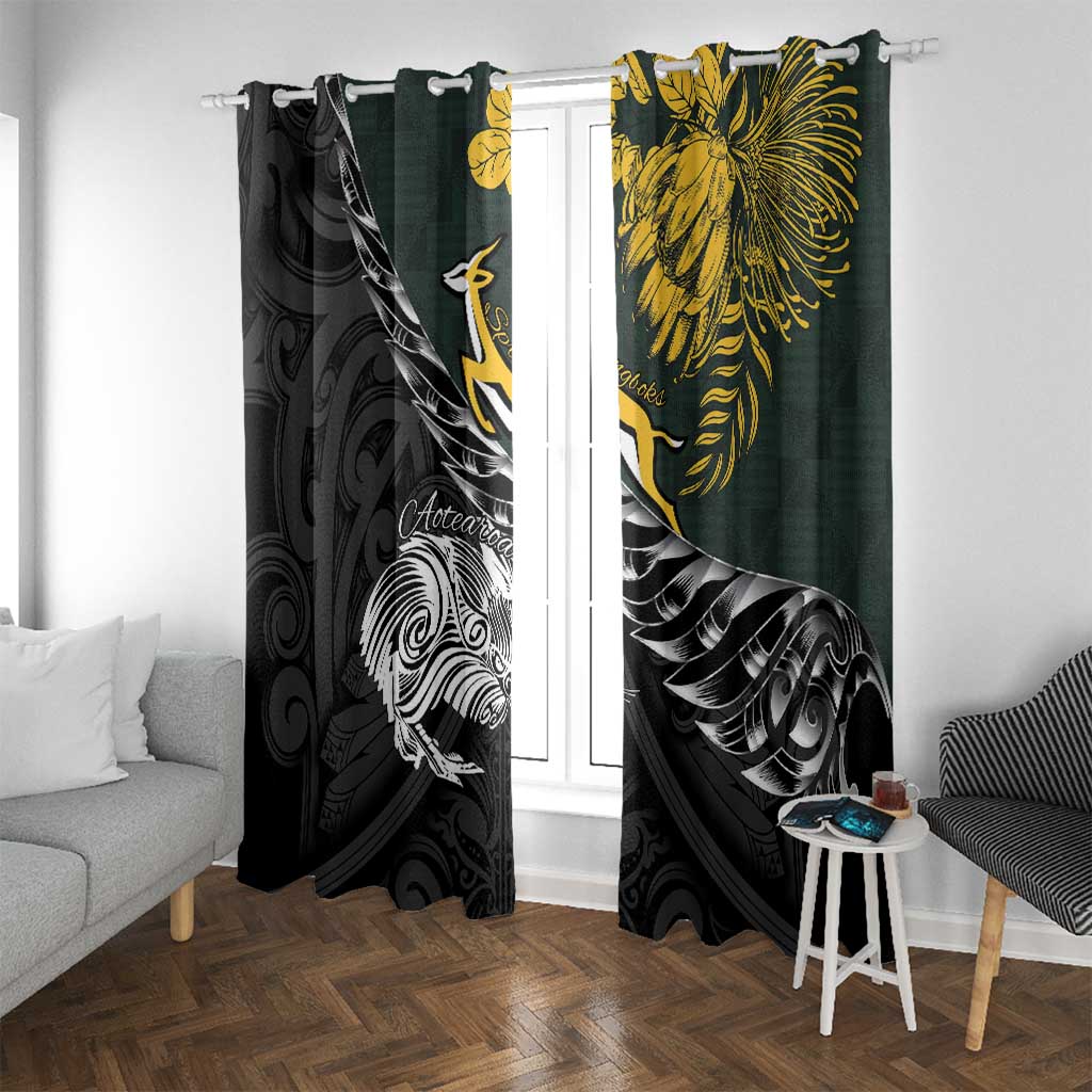 New Zealand and South Africa Rugby Window Curtain Maori Kiwi With Springboks LT15 With Grommets Black - Polynesian Pride