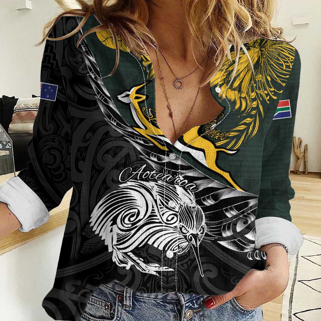 New Zealand and South Africa Rugby Personalised Women Casual Shirt Maori Kiwi With Springboks
