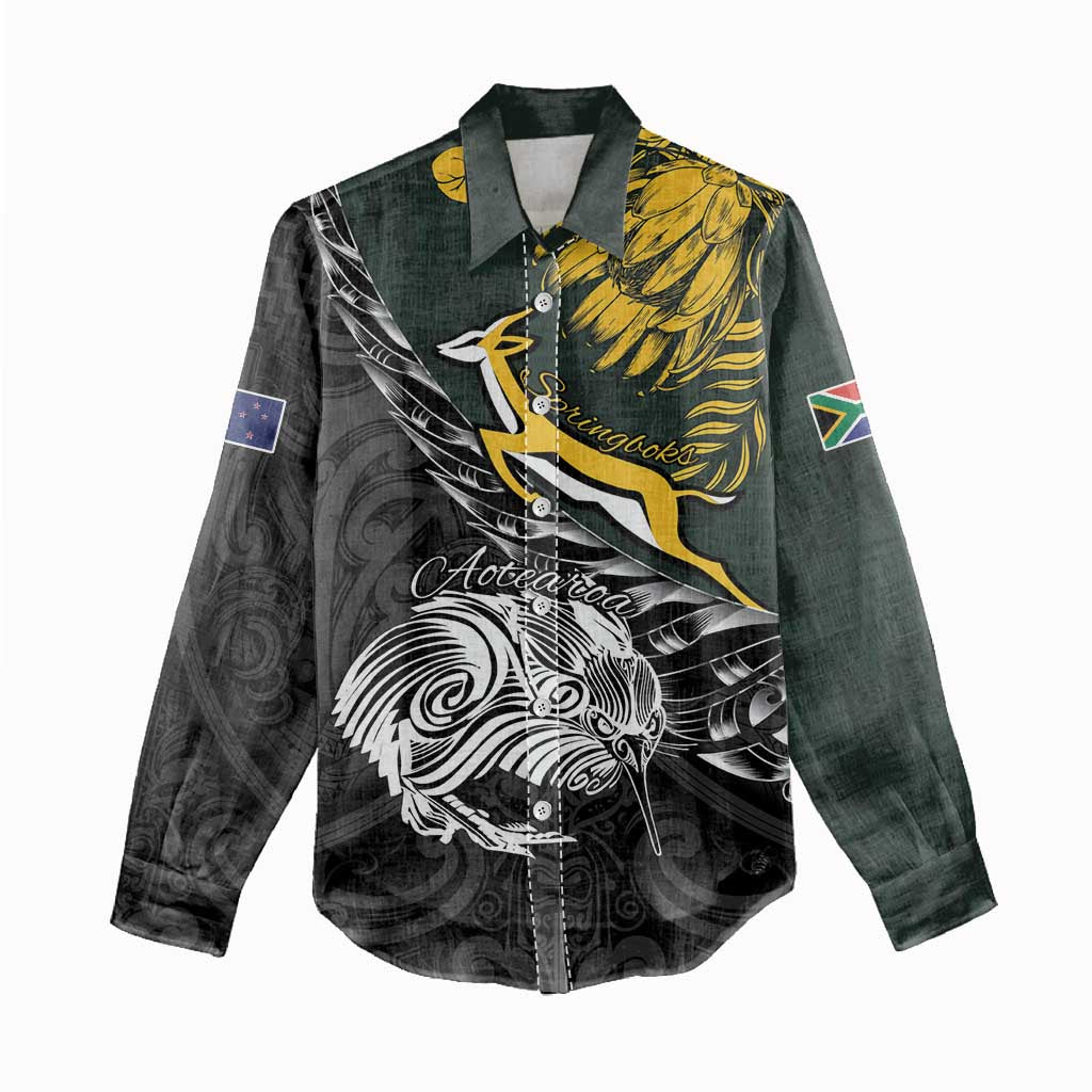 New Zealand and South Africa Rugby Personalised Women Casual Shirt Maori Kiwi With Springboks