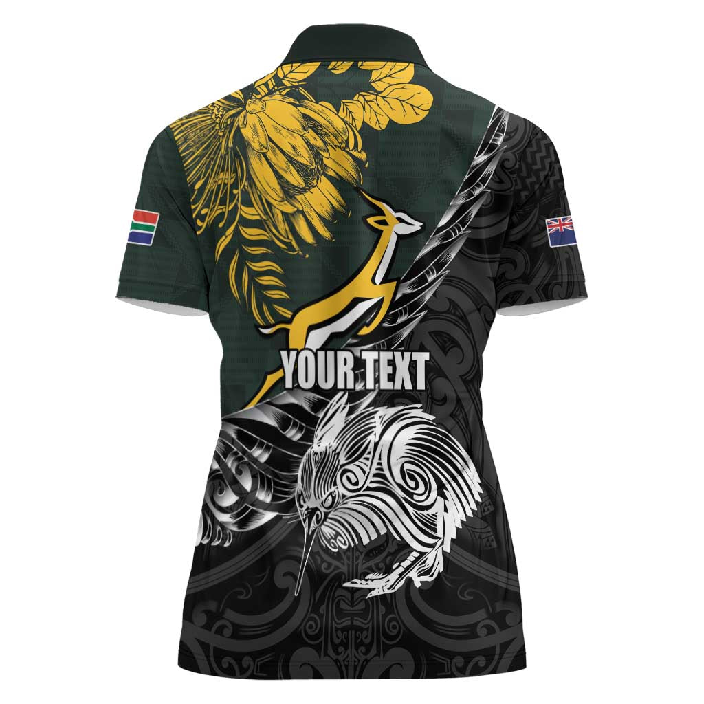 New Zealand and South Africa Rugby Personalised Women Polo Shirt Maori Kiwi With Springboks LT15 - Polynesian Pride