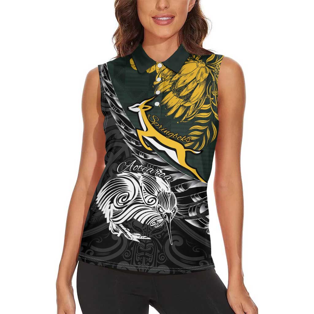 New Zealand and South Africa Rugby Personalised Women Sleeveless Polo Shirt Maori Kiwi With Springboks LT15 - Polynesian Pride