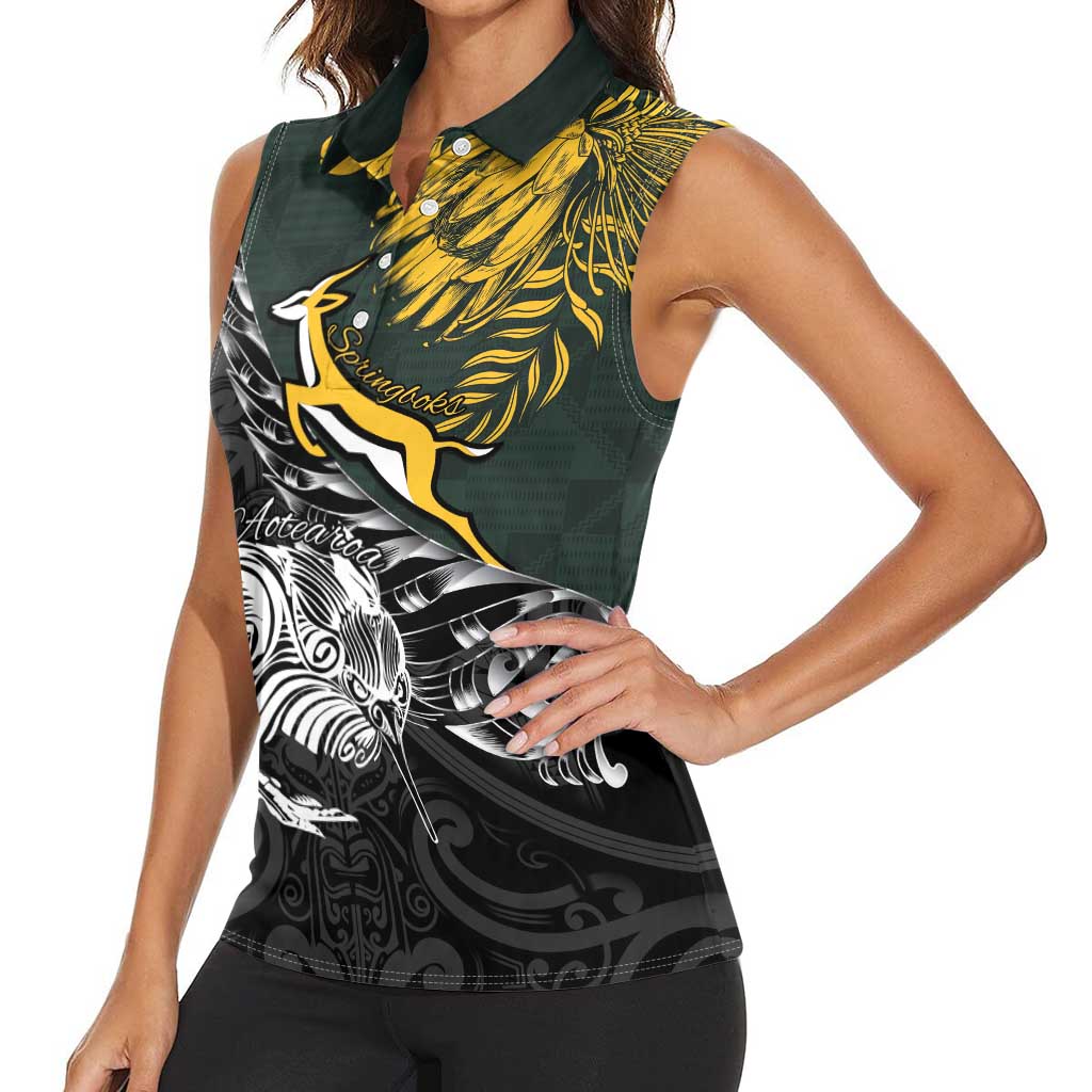 New Zealand and South Africa Rugby Personalised Women Sleeveless Polo Shirt Maori Kiwi With Springboks LT15 - Polynesian Pride