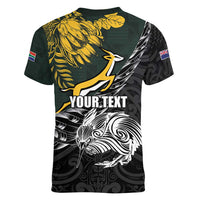 New Zealand and South Africa Rugby Personalised Women V-Neck T-Shirt Maori Kiwi With Springboks LT15 - Polynesian Pride