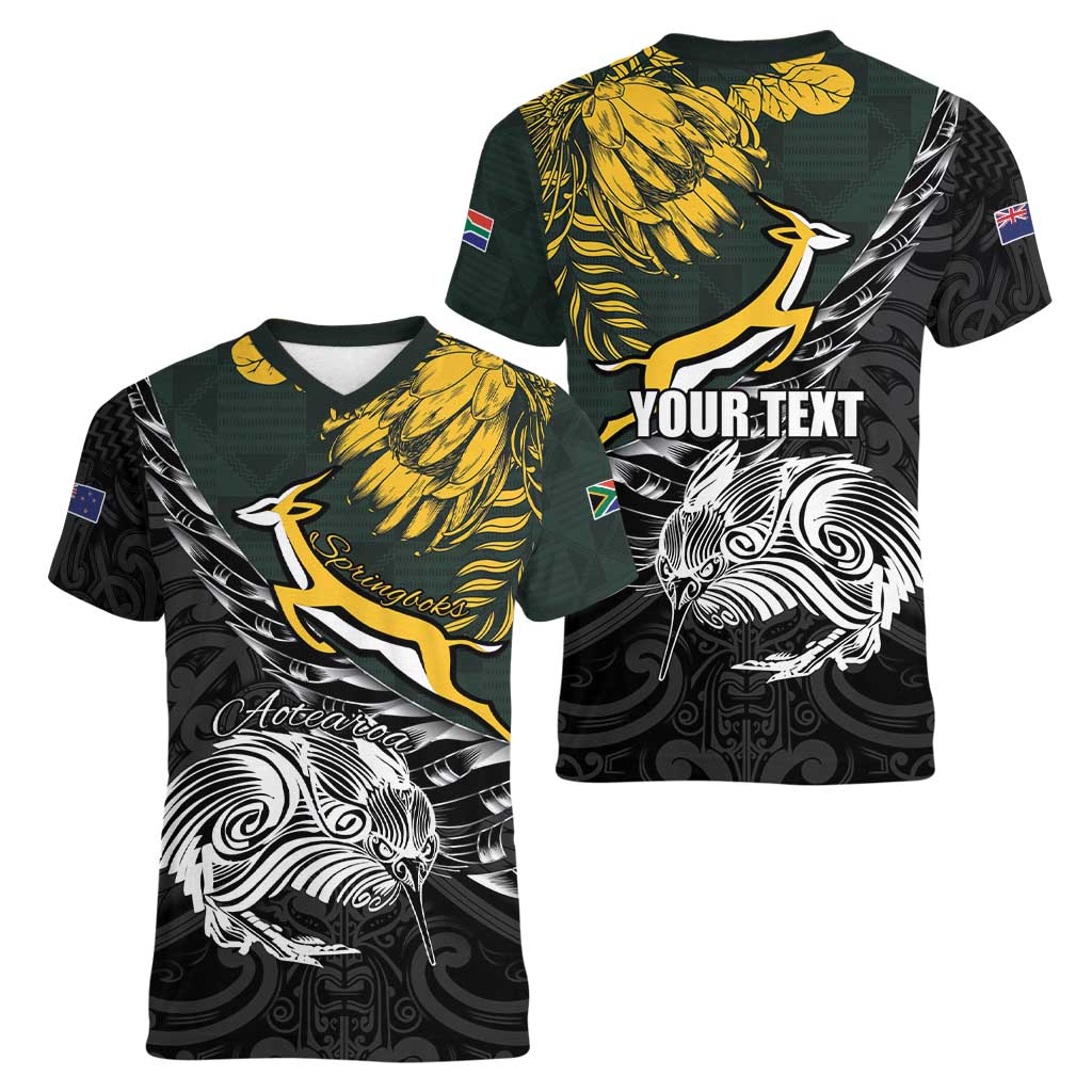New Zealand and South Africa Rugby Personalised Women V-Neck T-Shirt Maori Kiwi With Springboks LT15 - Polynesian Pride