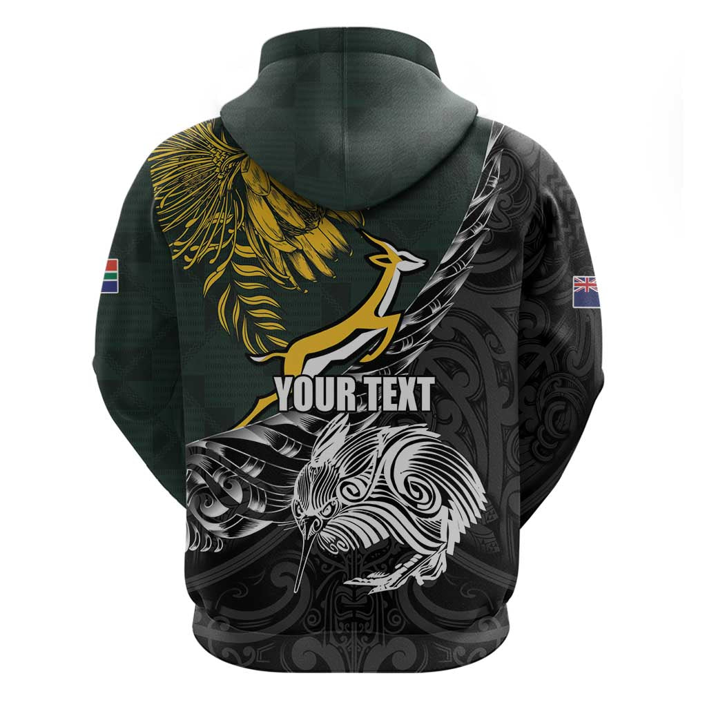 New Zealand and South Africa Rugby Personalised Zip Hoodie Maori Kiwi With Springboks LT15 - Polynesian Pride