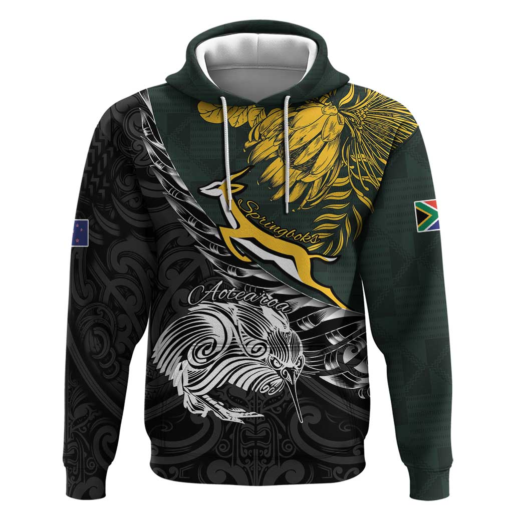 New Zealand and South Africa Rugby Personalised Zip Hoodie Maori Kiwi With Springboks LT15 Pullover Hoodie Black - Polynesian Pride