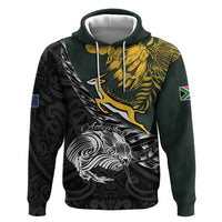 New Zealand and South Africa Rugby Personalised Zip Hoodie Maori Kiwi With Springboks LT15 Pullover Hoodie Black - Polynesian Pride