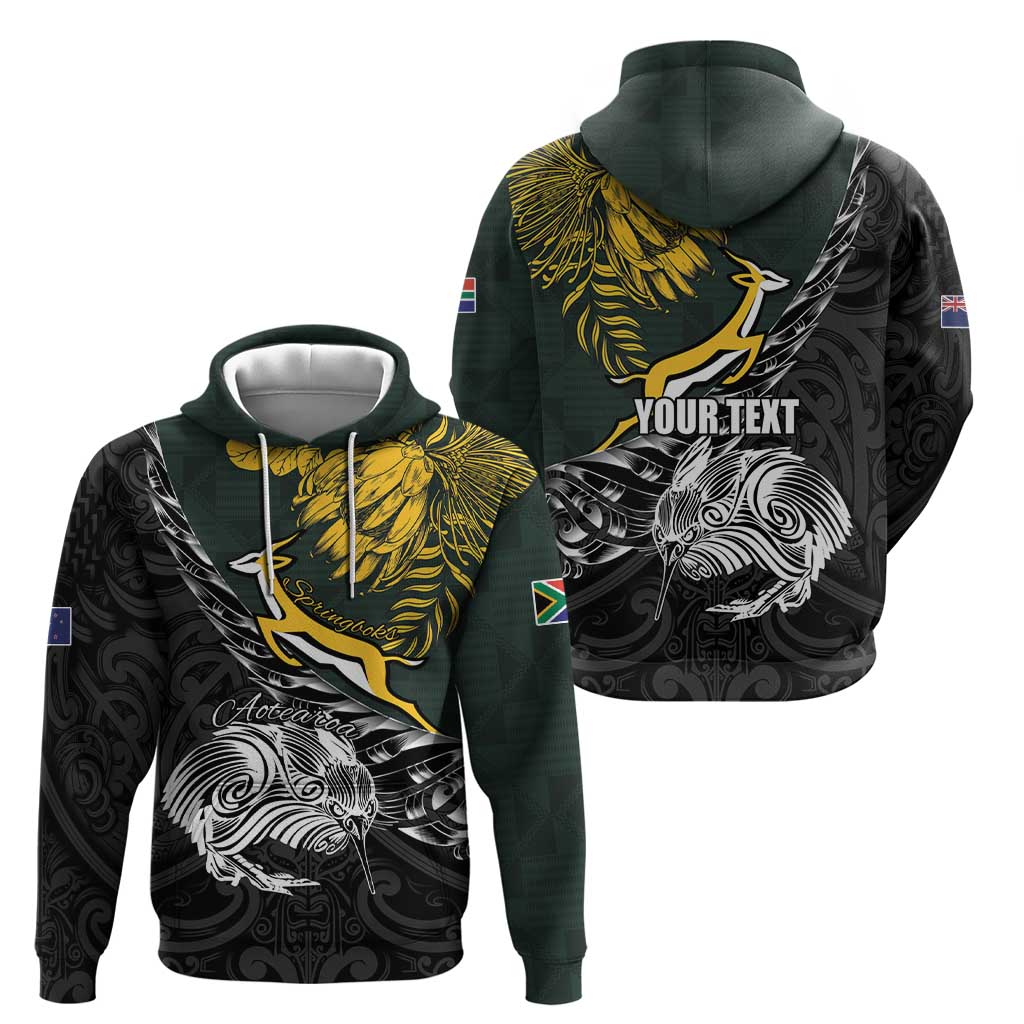 New Zealand and South Africa Rugby Personalised Zip Hoodie Maori Kiwi With Springboks LT15 - Polynesian Pride