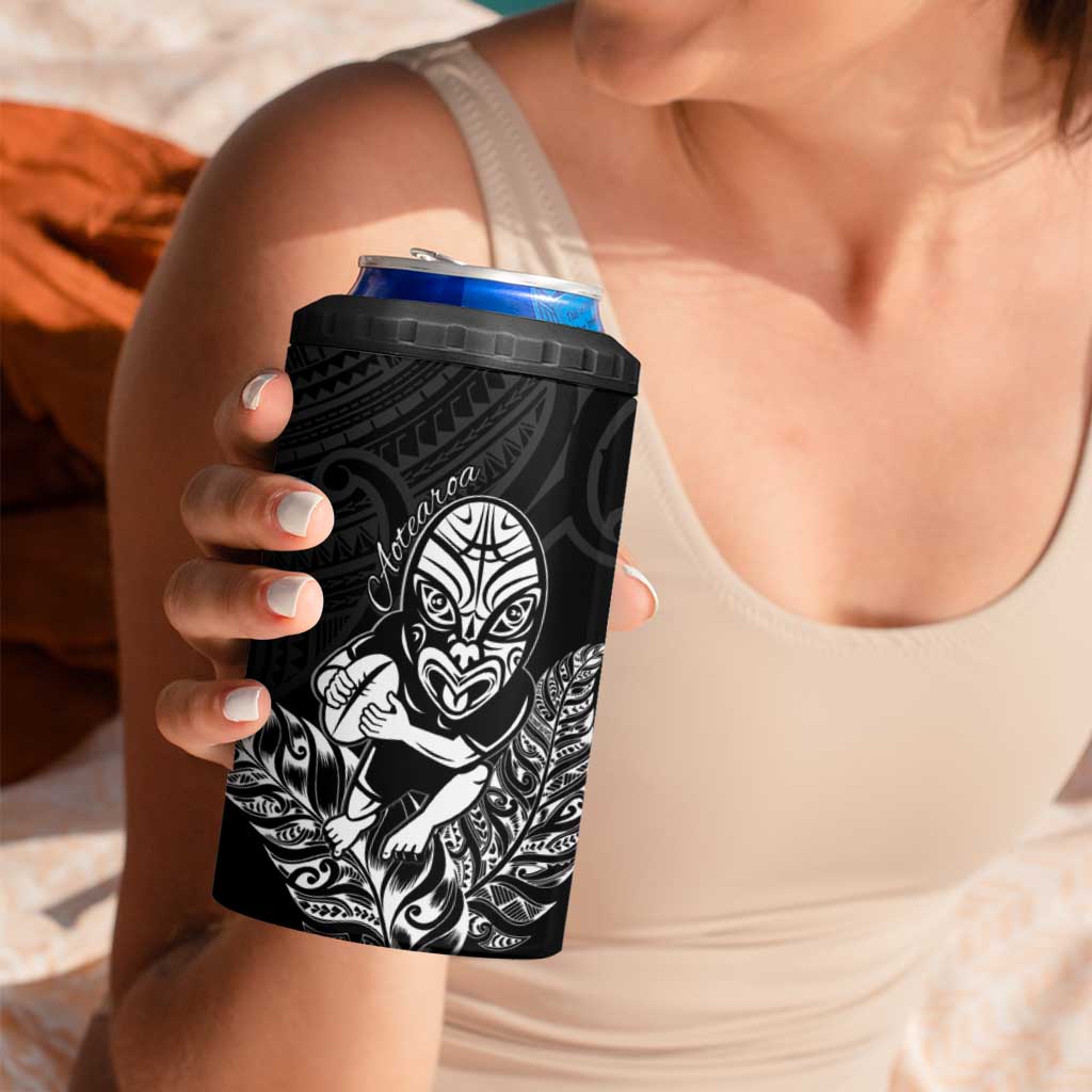 New Zealand Silver Fern Rugby Custom 4 in 1 Can Cooler Tumbler Maori Tiki Black Version LT15 - Polynesian Pride