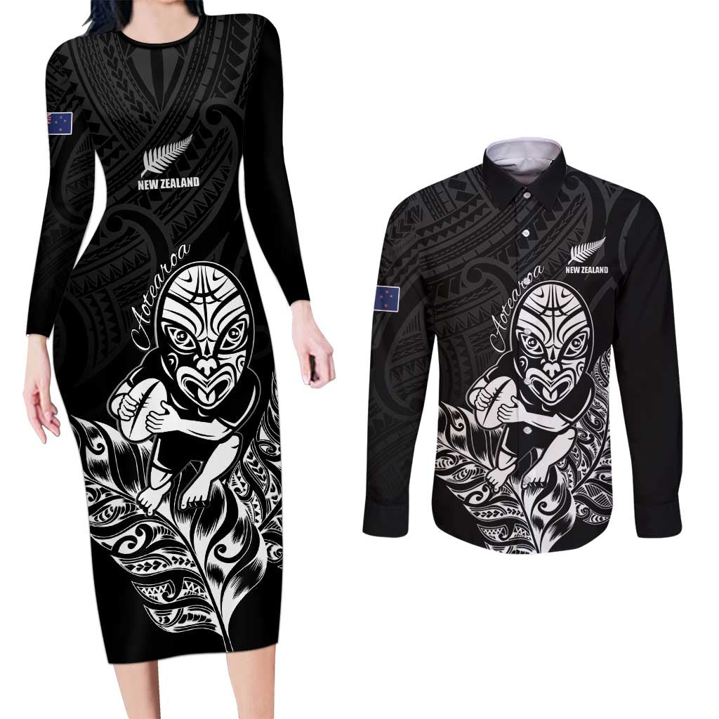 New Zealand Silver Fern Rugby Custom Couples Matching Long Sleeve Bodycon Dress and Long Sleeve Button Shirt Maori Tiki Black Version LT15 Black - Polynesian Pride