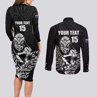 New Zealand Silver Fern Rugby Custom Couples Matching Long Sleeve Bodycon Dress and Long Sleeve Button Shirt Maori Tiki Black Version LT15 - Polynesian Pride