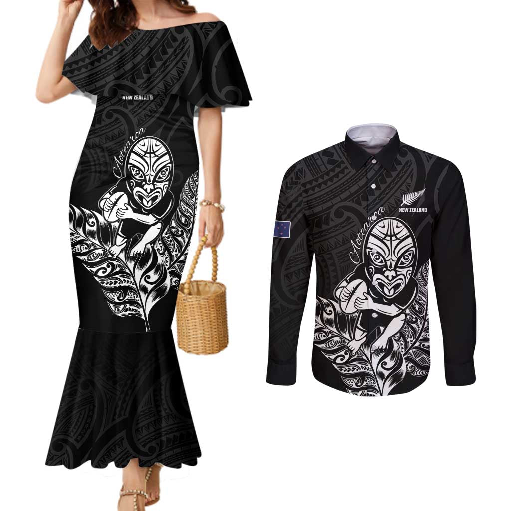 New Zealand Silver Fern Rugby Custom Couples Matching Mermaid Dress and Long Sleeve Button Shirt Maori Tiki Black Version LT15 Black - Polynesian Pride