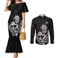 New Zealand Silver Fern Rugby Custom Couples Matching Mermaid Dress and Long Sleeve Button Shirt Maori Tiki Black Version LT15 Black - Polynesian Pride