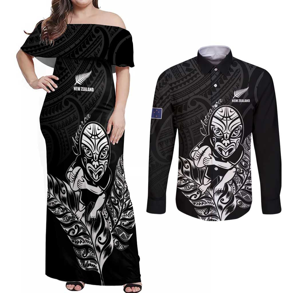 New Zealand Silver Fern Rugby Custom Couples Matching Off Shoulder Maxi Dress and Long Sleeve Button Shirt Maori Tiki Black Version LT15 Black - Polynesian Pride
