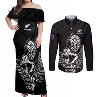 New Zealand Silver Fern Rugby Custom Couples Matching Off Shoulder Maxi Dress and Long Sleeve Button Shirt Maori Tiki Black Version LT15 Black - Polynesian Pride