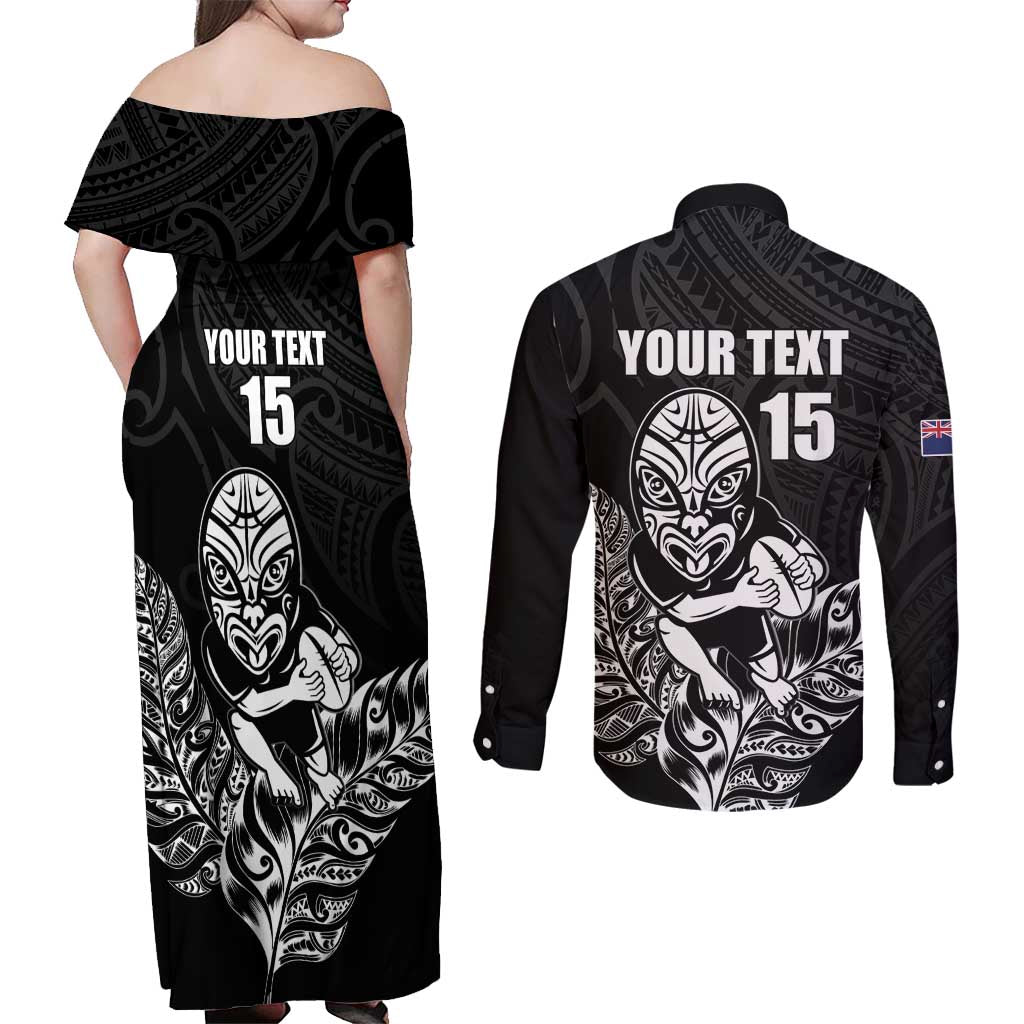 New Zealand Silver Fern Rugby Custom Couples Matching Off Shoulder Maxi Dress and Long Sleeve Button Shirt Maori Tiki Black Version LT15 - Polynesian Pride
