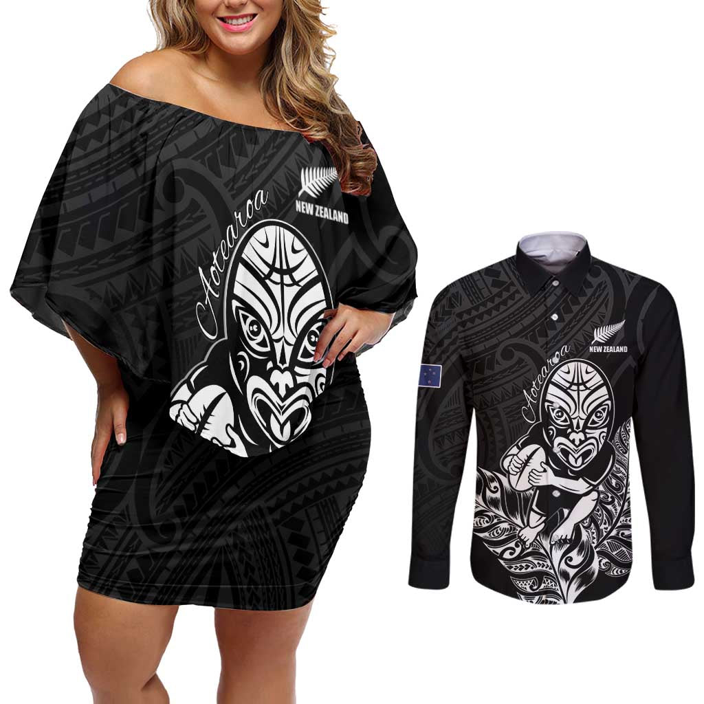New Zealand Silver Fern Rugby Custom Couples Matching Off Shoulder Short Dress and Long Sleeve Button Shirt Maori Tiki Black Version LT15 Black - Polynesian Pride