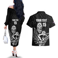 New Zealand Silver Fern Rugby Custom Couples Matching Off The Shoulder Long Sleeve Dress and Hawaiian Shirt Maori Tiki Black Version LT15 - Polynesian Pride