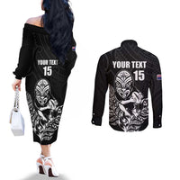 New Zealand Silver Fern Rugby Custom Couples Matching Off The Shoulder Long Sleeve Dress and Long Sleeve Button Shirt Maori Tiki Black Version LT15 - Polynesian Pride