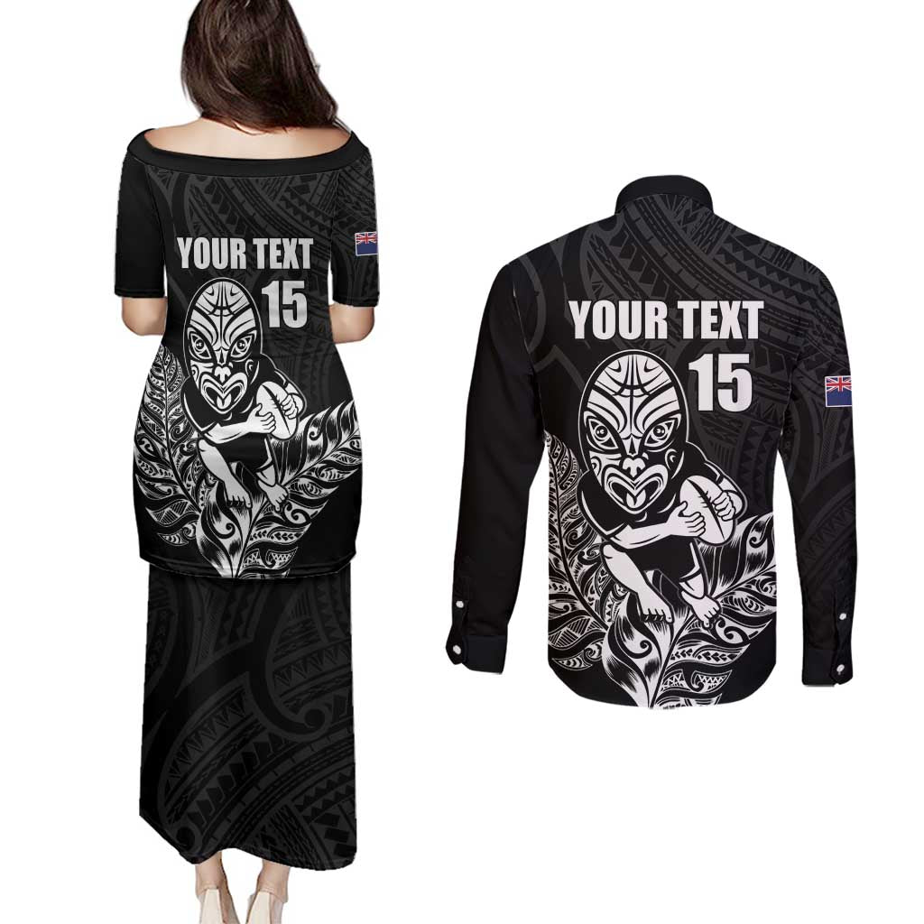 New Zealand Silver Fern Rugby Custom Couples Matching Puletasi and Long Sleeve Button Shirt Maori Tiki Black Version LT15 - Polynesian Pride