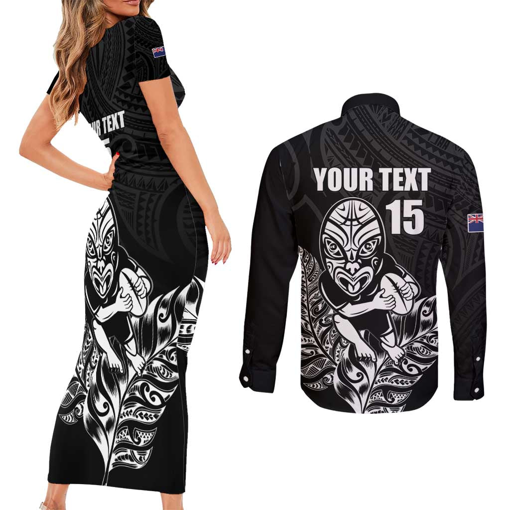 New Zealand Silver Fern Rugby Custom Couples Matching Short Sleeve Bodycon Dress and Long Sleeve Button Shirt Maori Tiki Black Version LT15 - Polynesian Pride