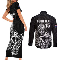 New Zealand Silver Fern Rugby Custom Couples Matching Short Sleeve Bodycon Dress and Long Sleeve Button Shirt Maori Tiki Black Version LT15 - Polynesian Pride