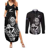 New Zealand Silver Fern Rugby Custom Couples Matching Summer Maxi Dress and Long Sleeve Button Shirt Maori Tiki Black Version LT15 Black - Polynesian Pride