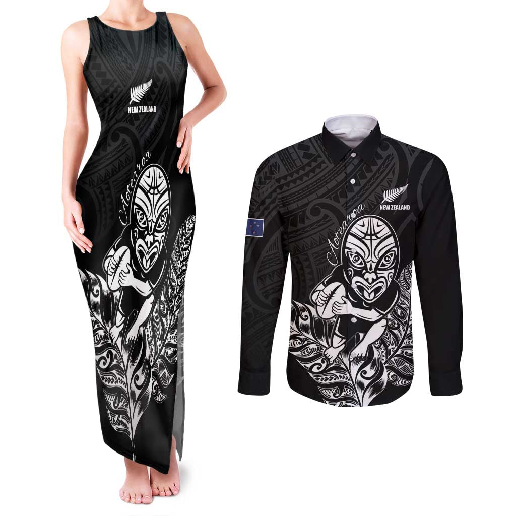 New Zealand Silver Fern Rugby Custom Couples Matching Tank Maxi Dress and Long Sleeve Button Shirt Maori Tiki Black Version LT15 Black - Polynesian Pride