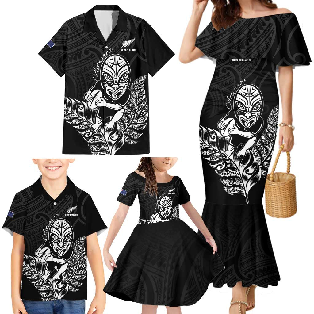 New Zealand Silver Fern Rugby Custom Family Matching Mermaid Dress and Hawaiian Shirt Maori Tiki Black Version LT15 - Polynesian Pride