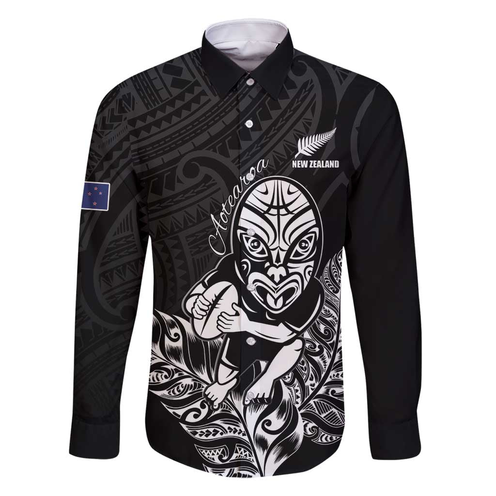 New Zealand Silver Fern Rugby Custom Family Matching Mermaid Dress and Hawaiian Shirt Maori Tiki Black Version LT15 Dad's Shirt - Long Sleeve Black - Polynesian Pride