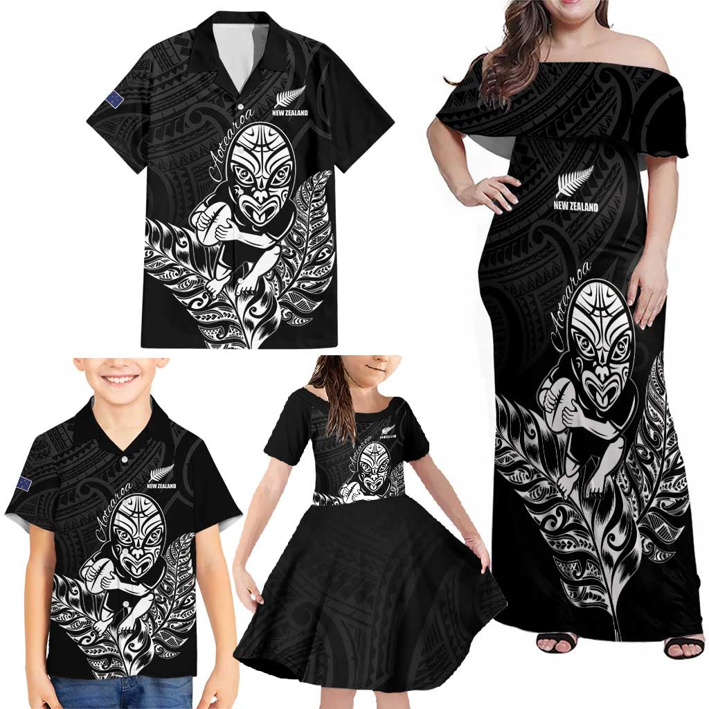 New Zealand Silver Fern Rugby Custom Family Matching Off Shoulder Maxi Dress and Hawaiian Shirt Maori Tiki Black Version LT15 - Polynesian Pride