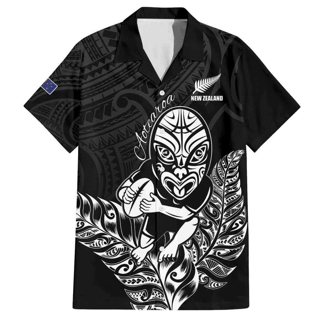 New Zealand Silver Fern Rugby Custom Family Matching Off Shoulder Maxi Dress and Hawaiian Shirt Maori Tiki Black Version LT15 Dad's Shirt - Short Sleeve Black - Polynesian Pride