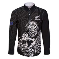New Zealand Silver Fern Rugby Custom Family Matching Off Shoulder Maxi Dress and Hawaiian Shirt Maori Tiki Black Version LT15 Dad's Shirt - Long Sleeve Black - Polynesian Pride