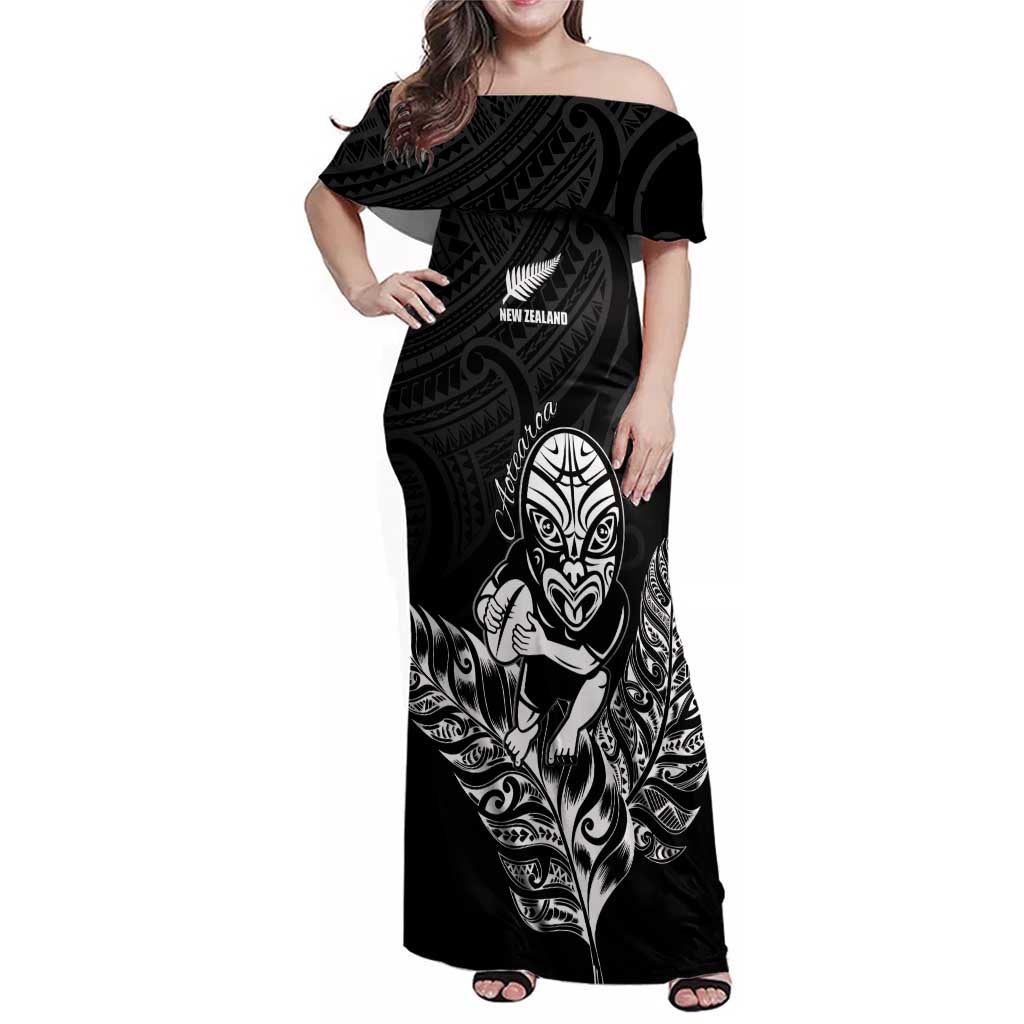 New Zealand Silver Fern Rugby Custom Family Matching Off Shoulder Maxi Dress and Hawaiian Shirt Maori Tiki Black Version LT15 Mom's Dress Black - Polynesian Pride