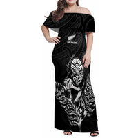 New Zealand Silver Fern Rugby Custom Family Matching Off Shoulder Maxi Dress and Hawaiian Shirt Maori Tiki Black Version LT15 Mom's Dress Black - Polynesian Pride