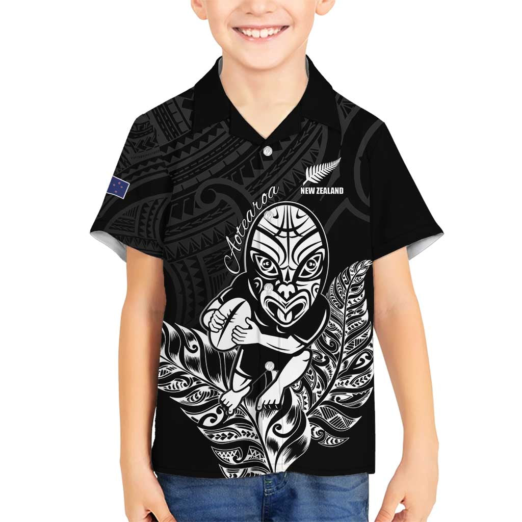 New Zealand Silver Fern Rugby Custom Family Matching Off Shoulder Maxi Dress and Hawaiian Shirt Maori Tiki Black Version LT15 Son's Shirt Black - Polynesian Pride
