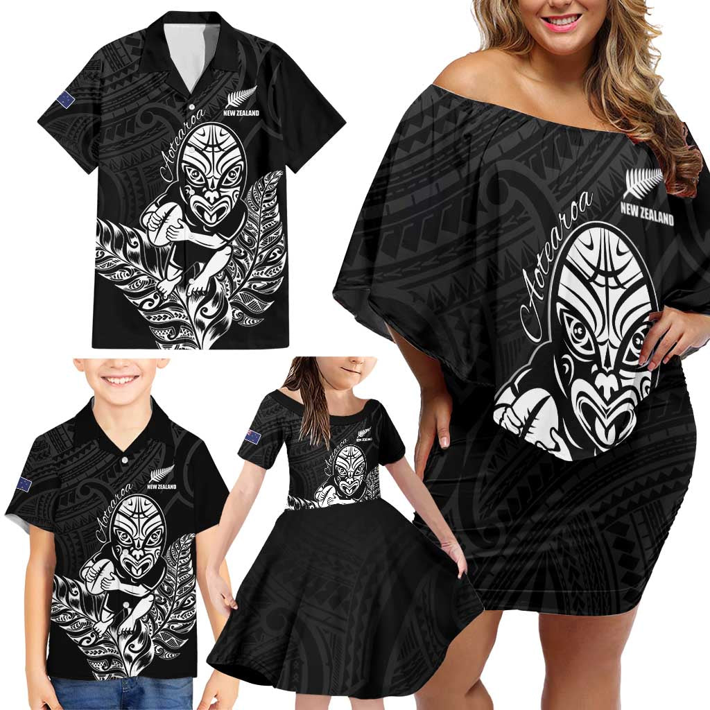 New Zealand Silver Fern Rugby Custom Family Matching Off Shoulder Short Dress and Hawaiian Shirt Maori Tiki Black Version